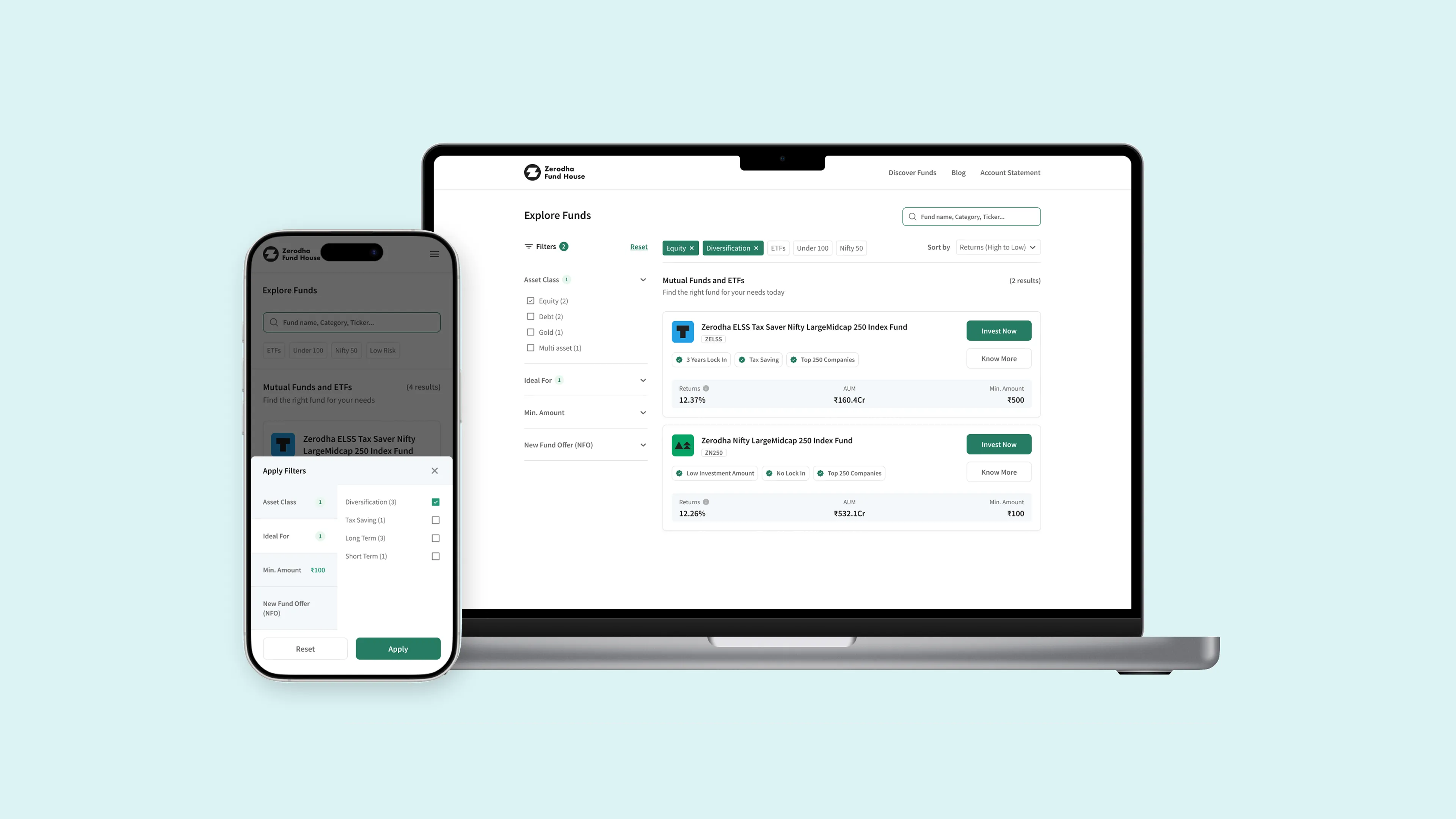 Fund Discovery page — desktop and mobile