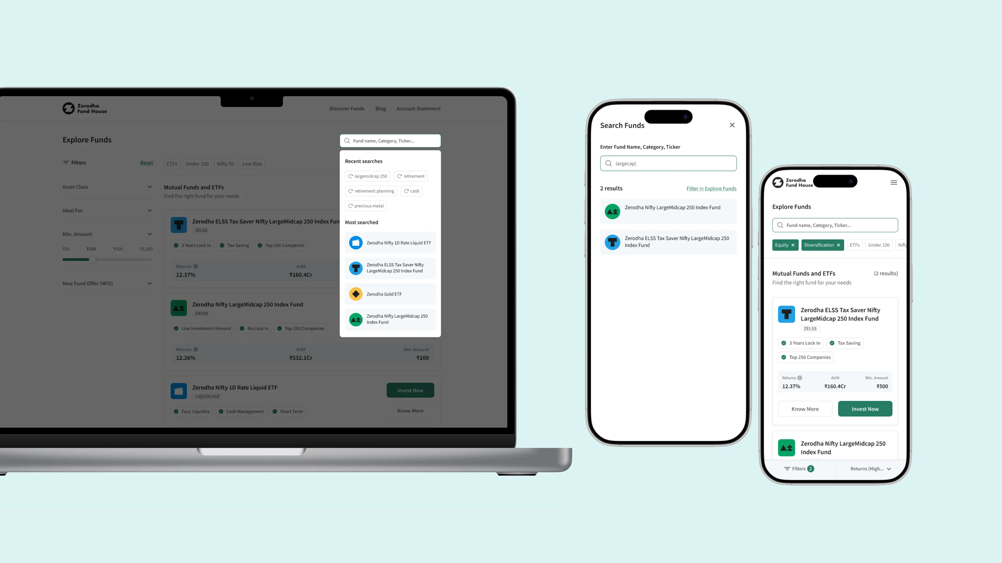 Fund listing with active filters — desktop and mobile